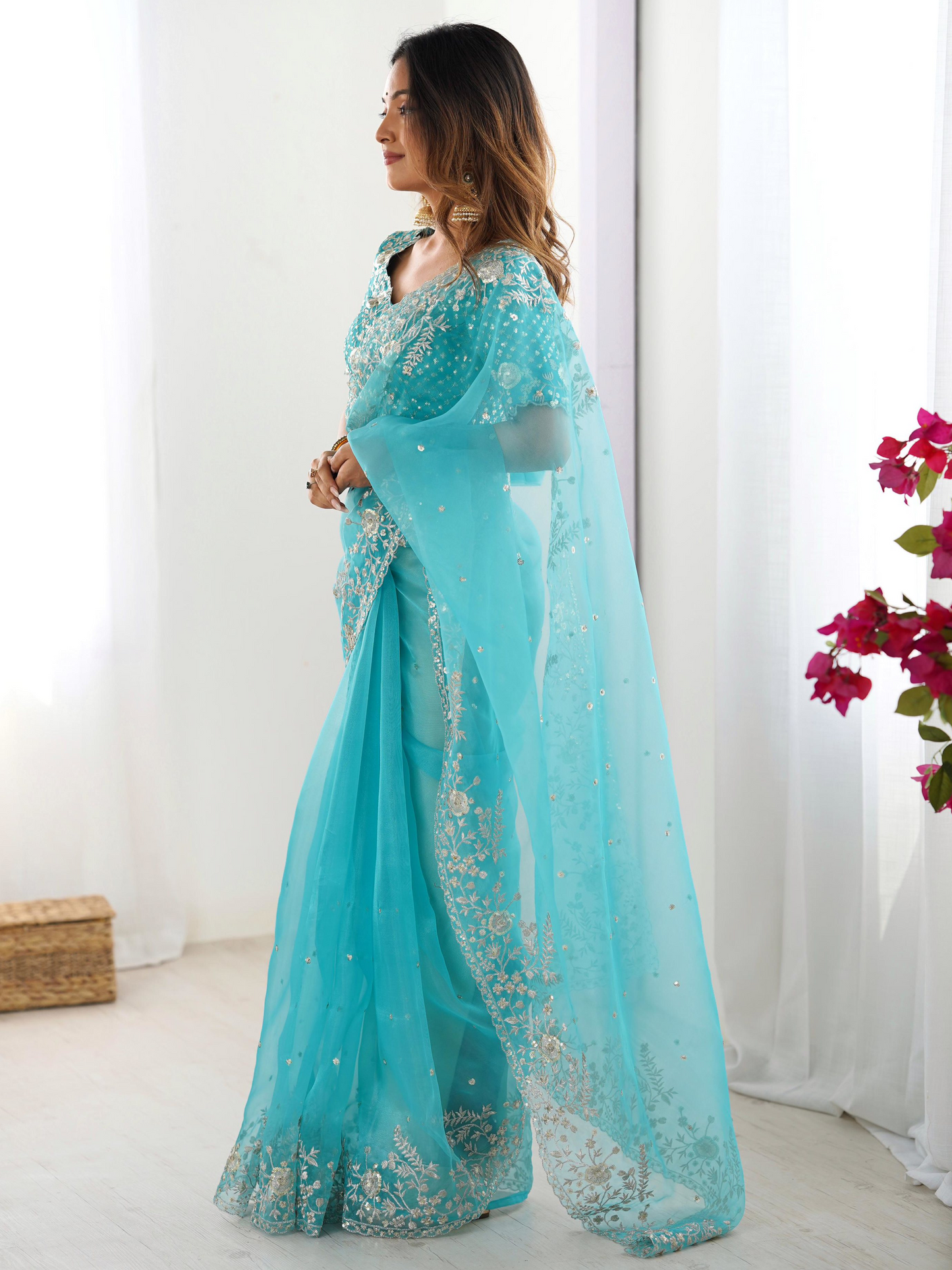 Winter Blue Embroidered Organza Silk Saree