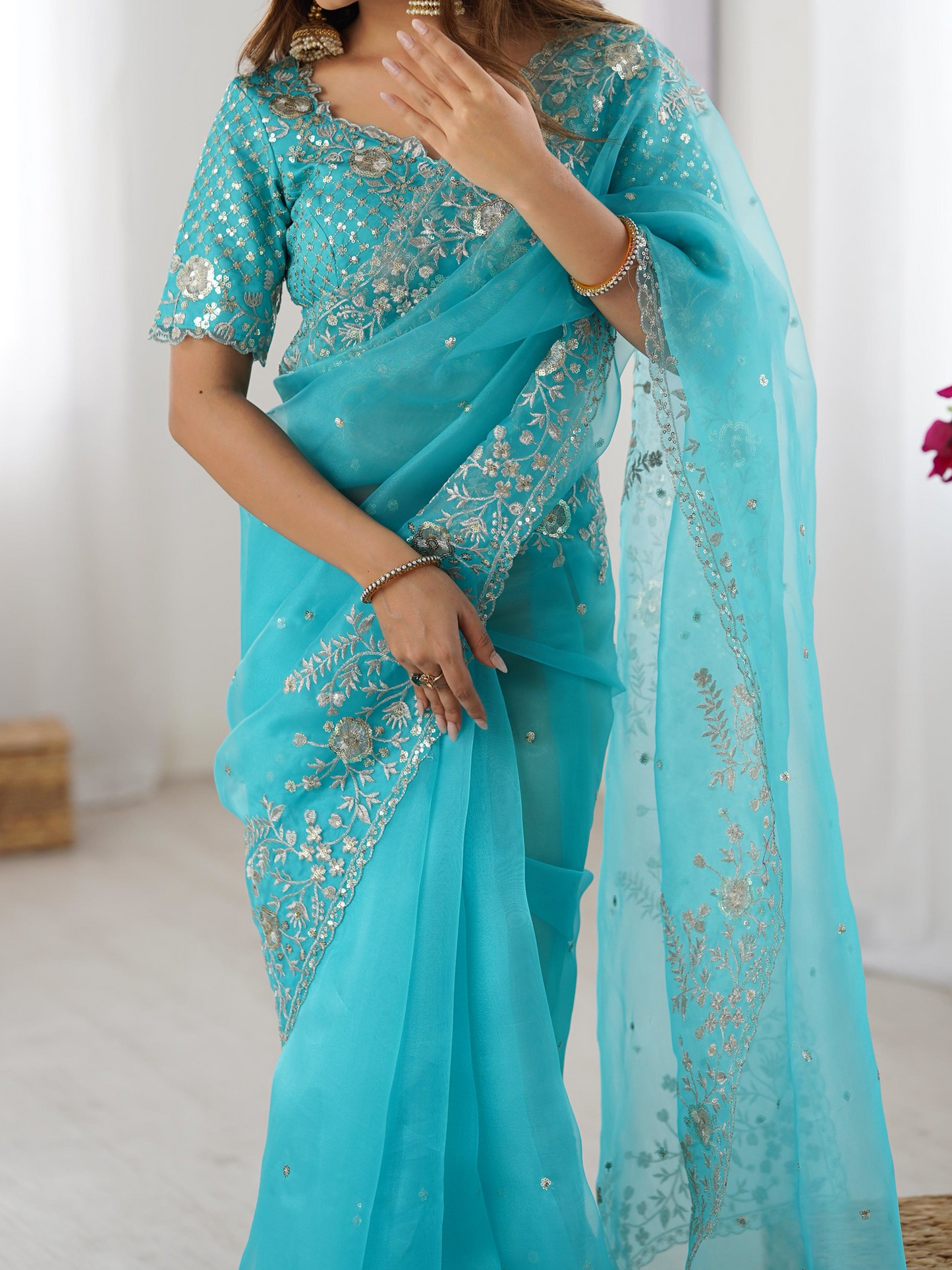 Winter Blue Embroidered Organza Silk Saree