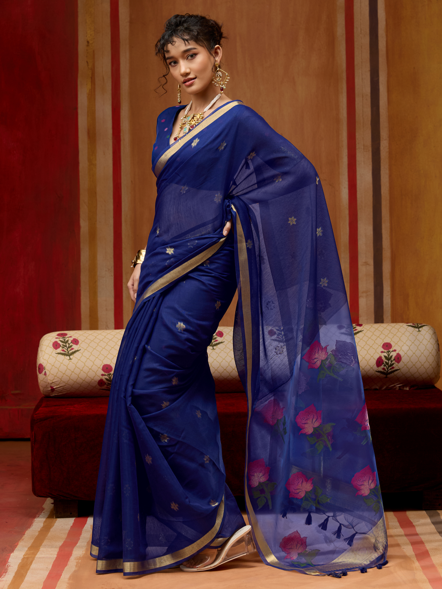 Ink Blue Spun Cotton Weaving Saree