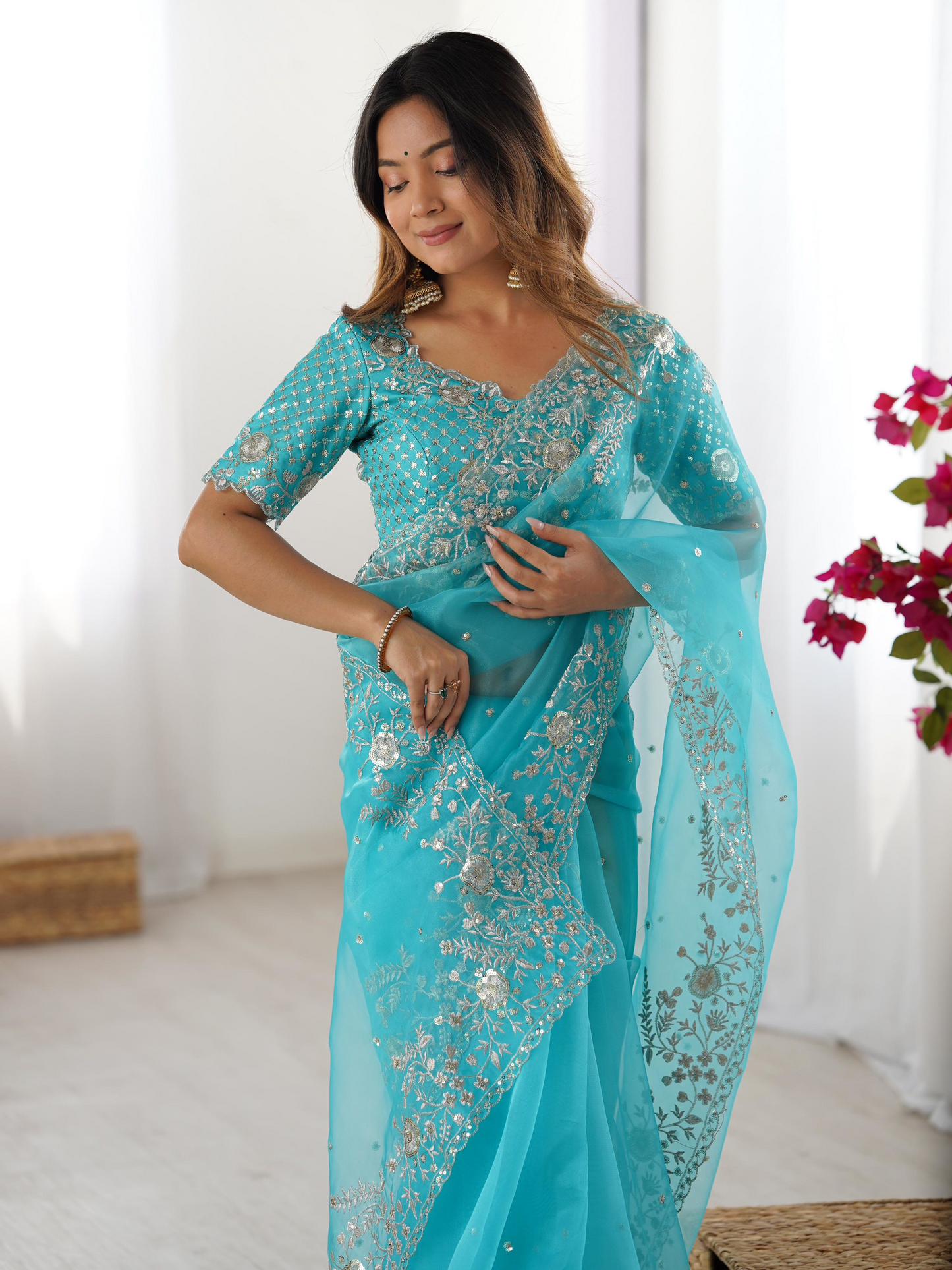 Winter Blue Embroidered Organza Silk Saree