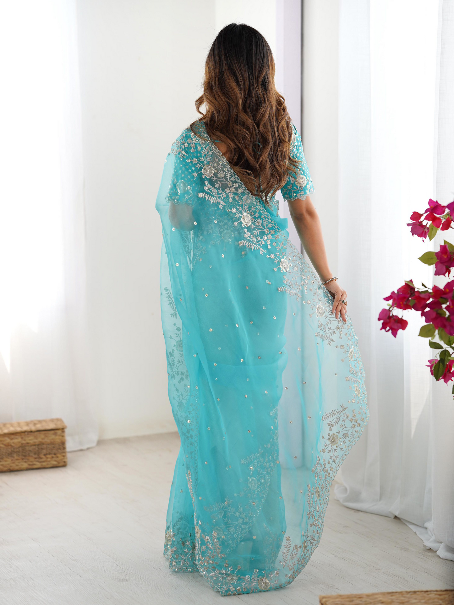 Winter Blue Embroidered Organza Silk Saree