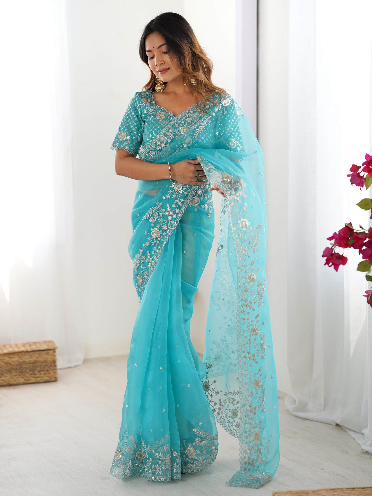 Winter Blue Embroidered Organza Silk Saree