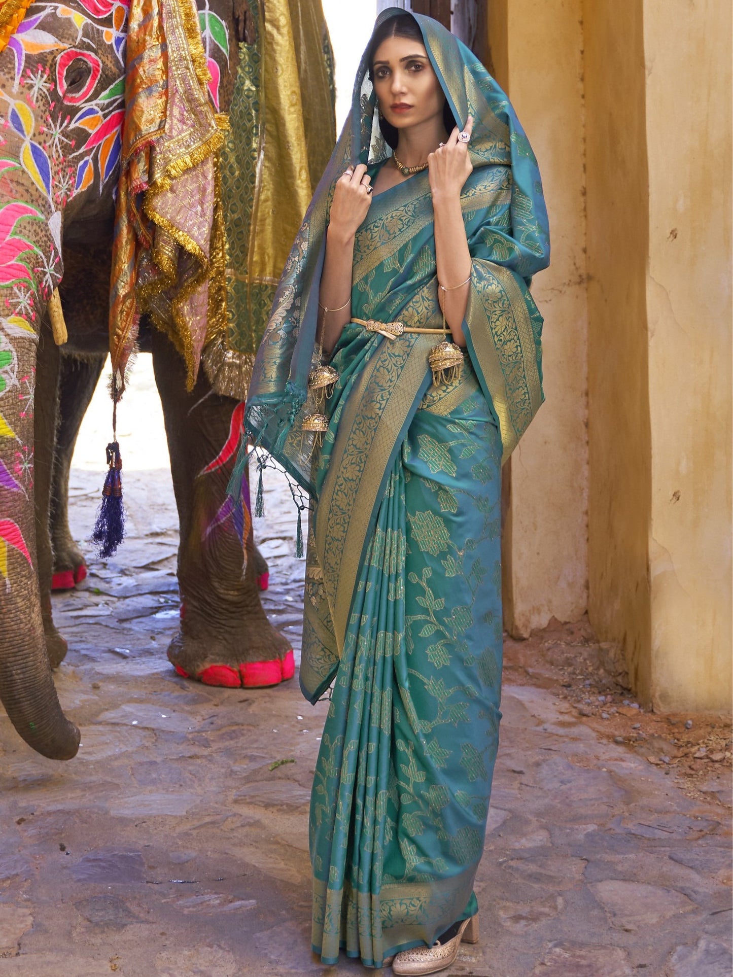 Dark Cyan Woven Banarasi Saree