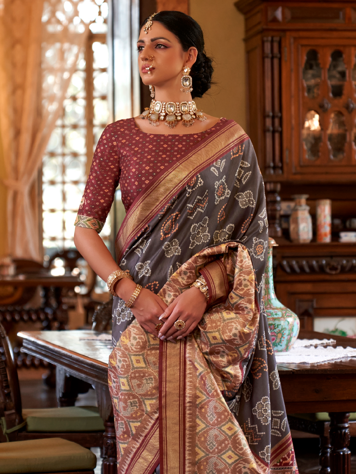 Ash Gray Woven Patola Tussar Silk Saree