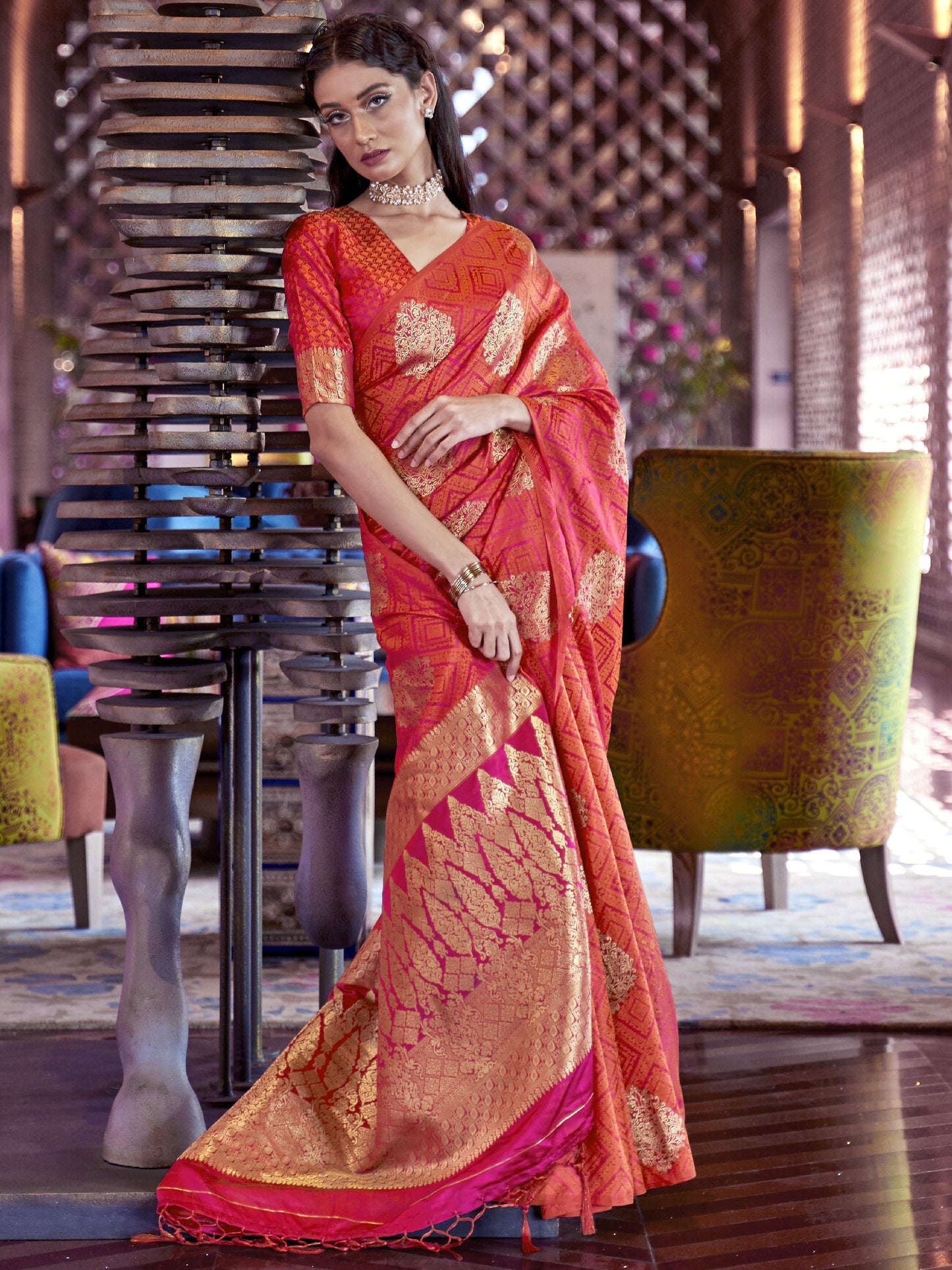 Georgia Pink Satin Silk Banarasi Saree