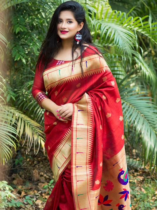 Coral Red Tussar Silk Paithani Saree