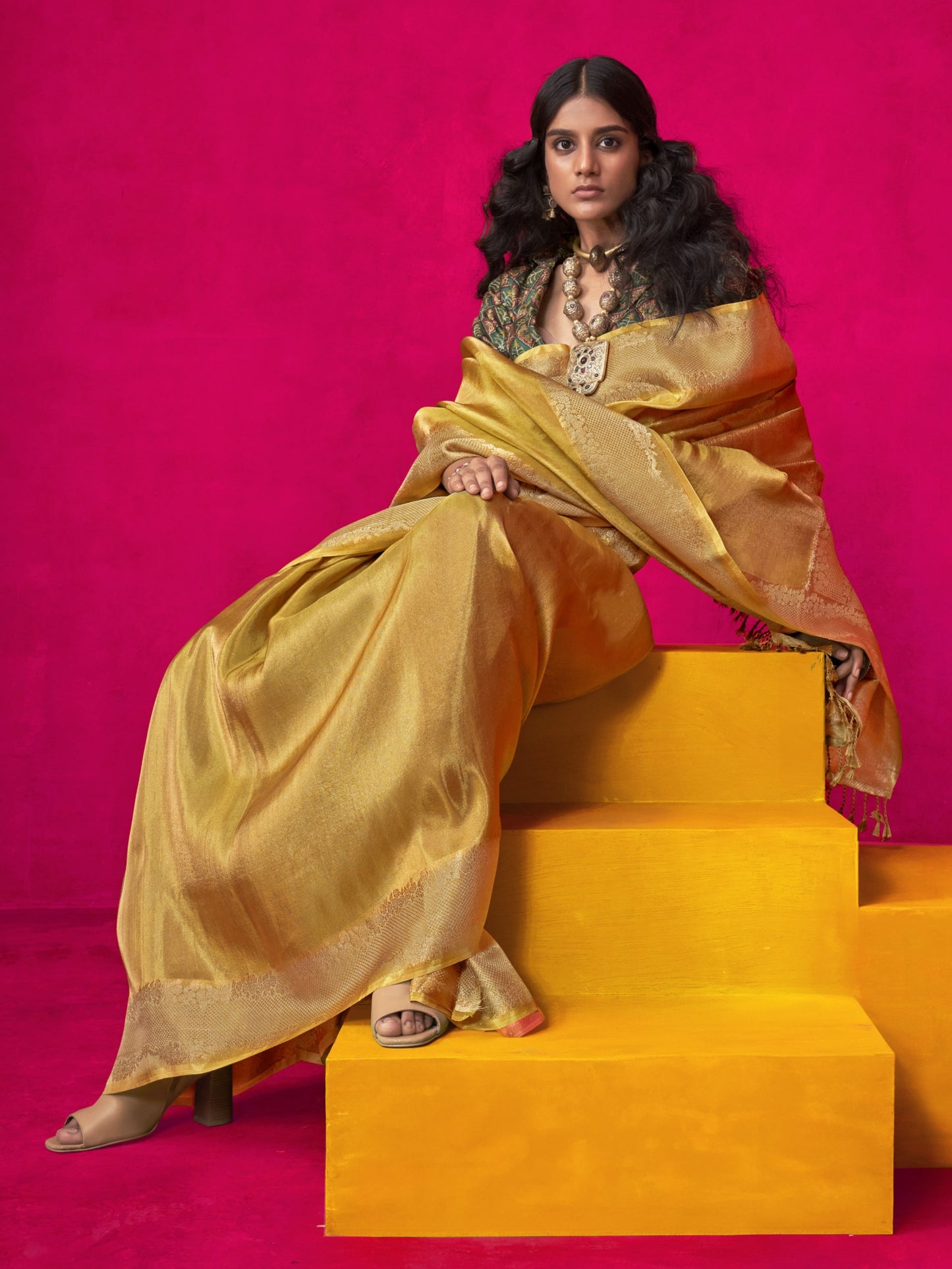 Imperial Golden Zari Woven Tissue Silk Saree with Contrast Blouse