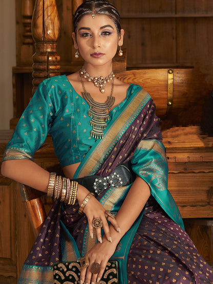 Coffee Maroon Woven Banarasi Soft Silk Saree