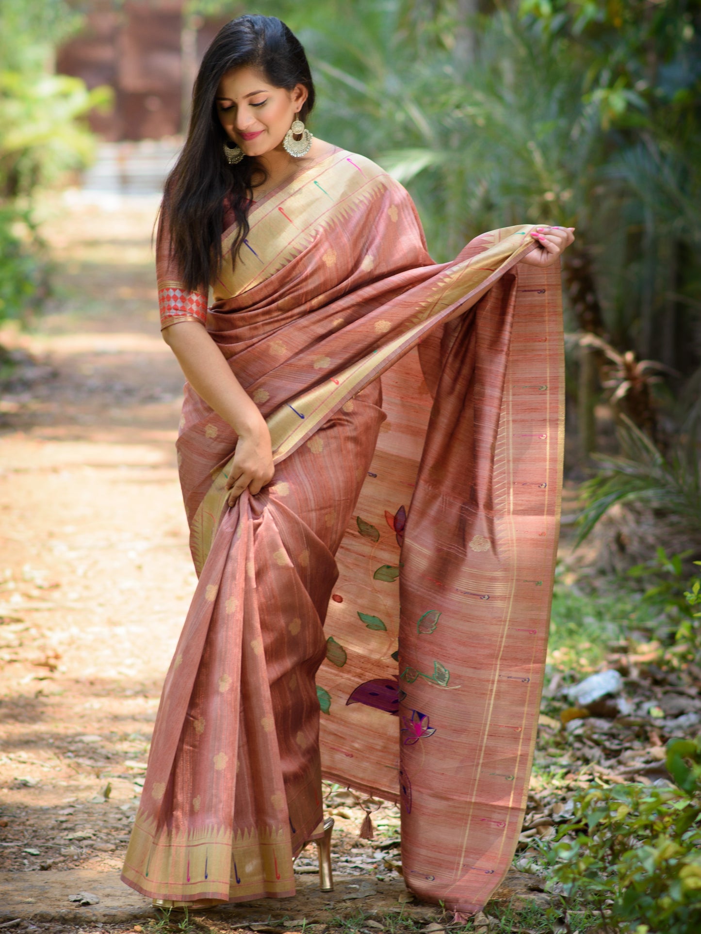 Peachy Brown Tussar Silk Paithani Saree
