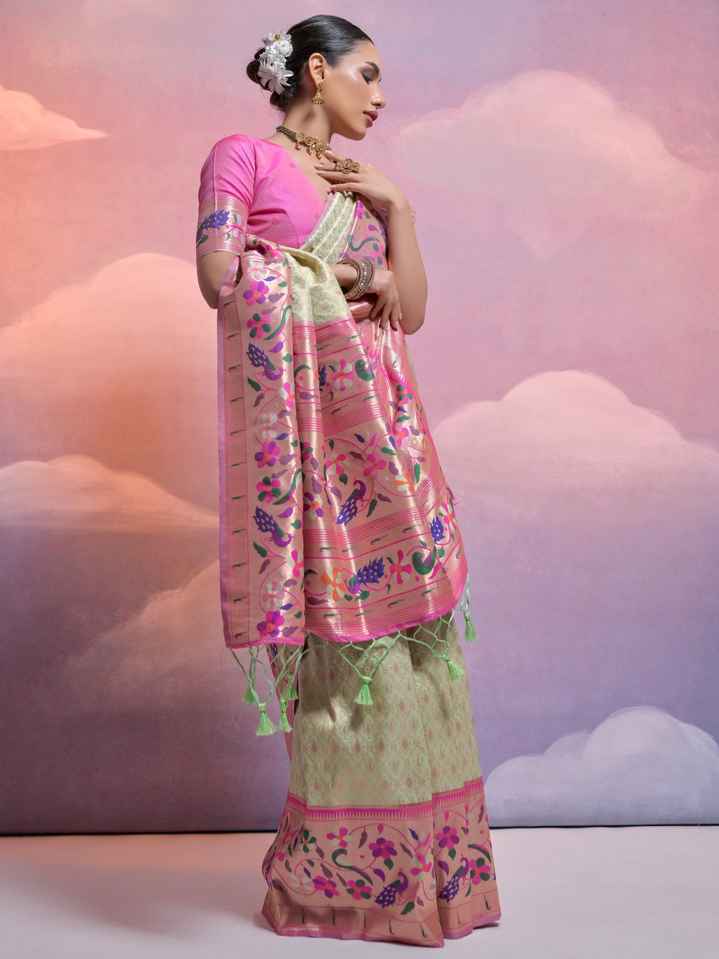 Pista Green Woven Paithani Silk Saree
