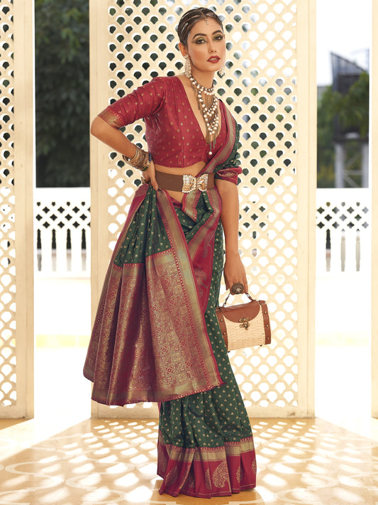 Botanical Green Woven Banarasi Soft Silk Saree