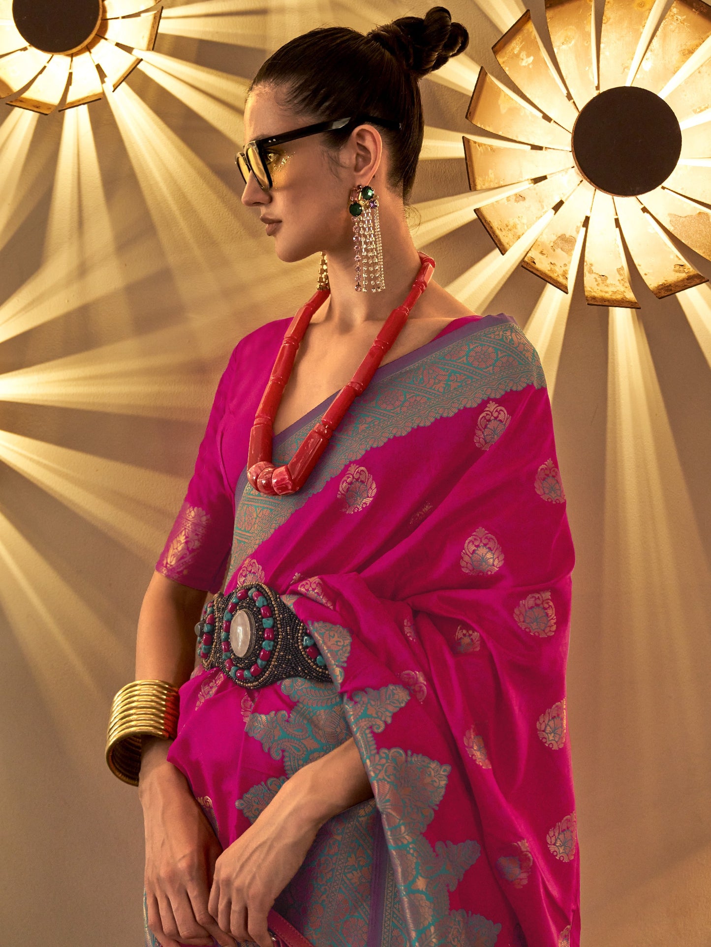 Deep Pink Woven Banarasi Saree