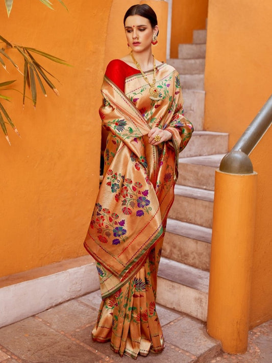 Golden Red Paithani Saree