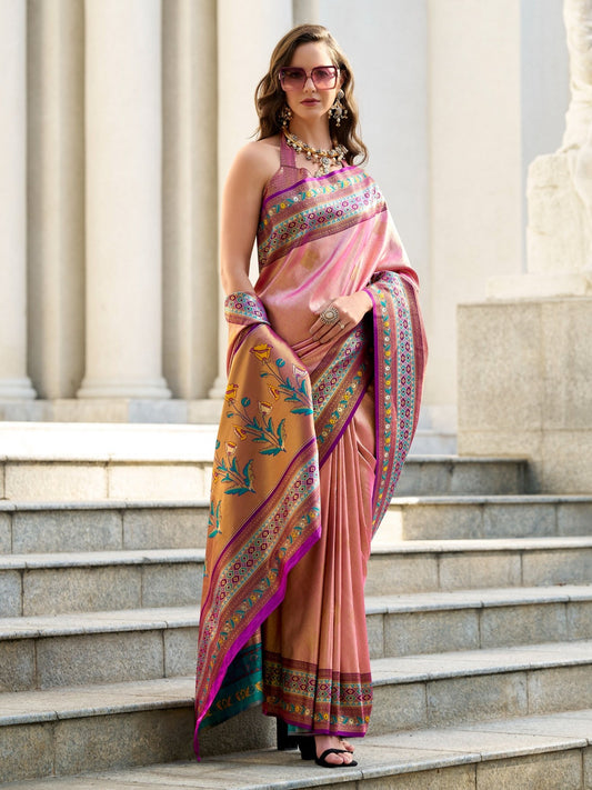 golden pink tissue saree