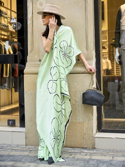 Antique Pista Satin Crepe Print Saree