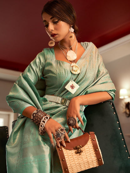 Glass Turquoise Woven Kanjivaram Saree