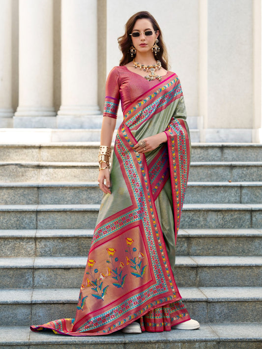 Pistachio Green Banarasi Tissue Silk Saree