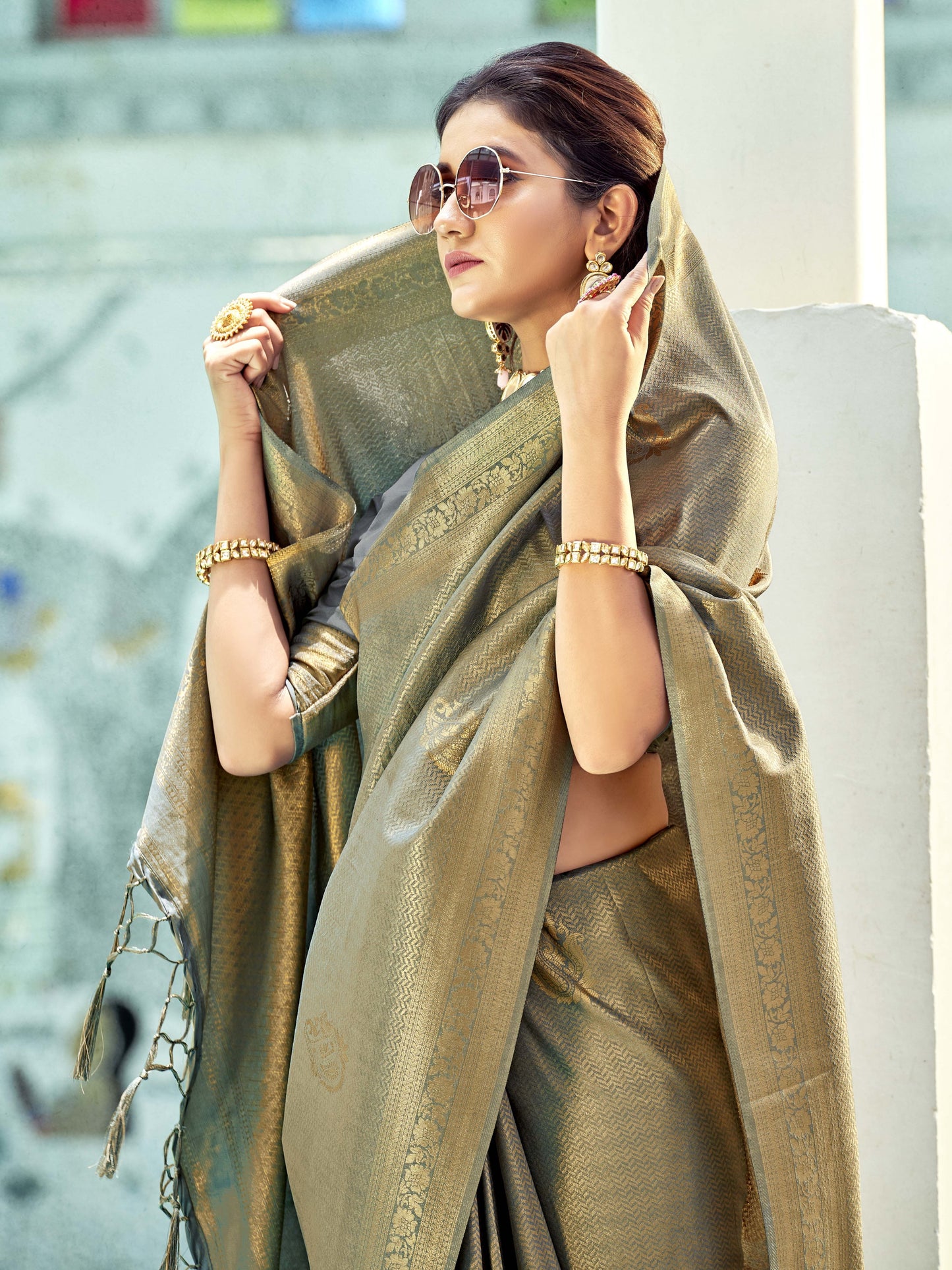 Stone Gray Kanjivaram Saree