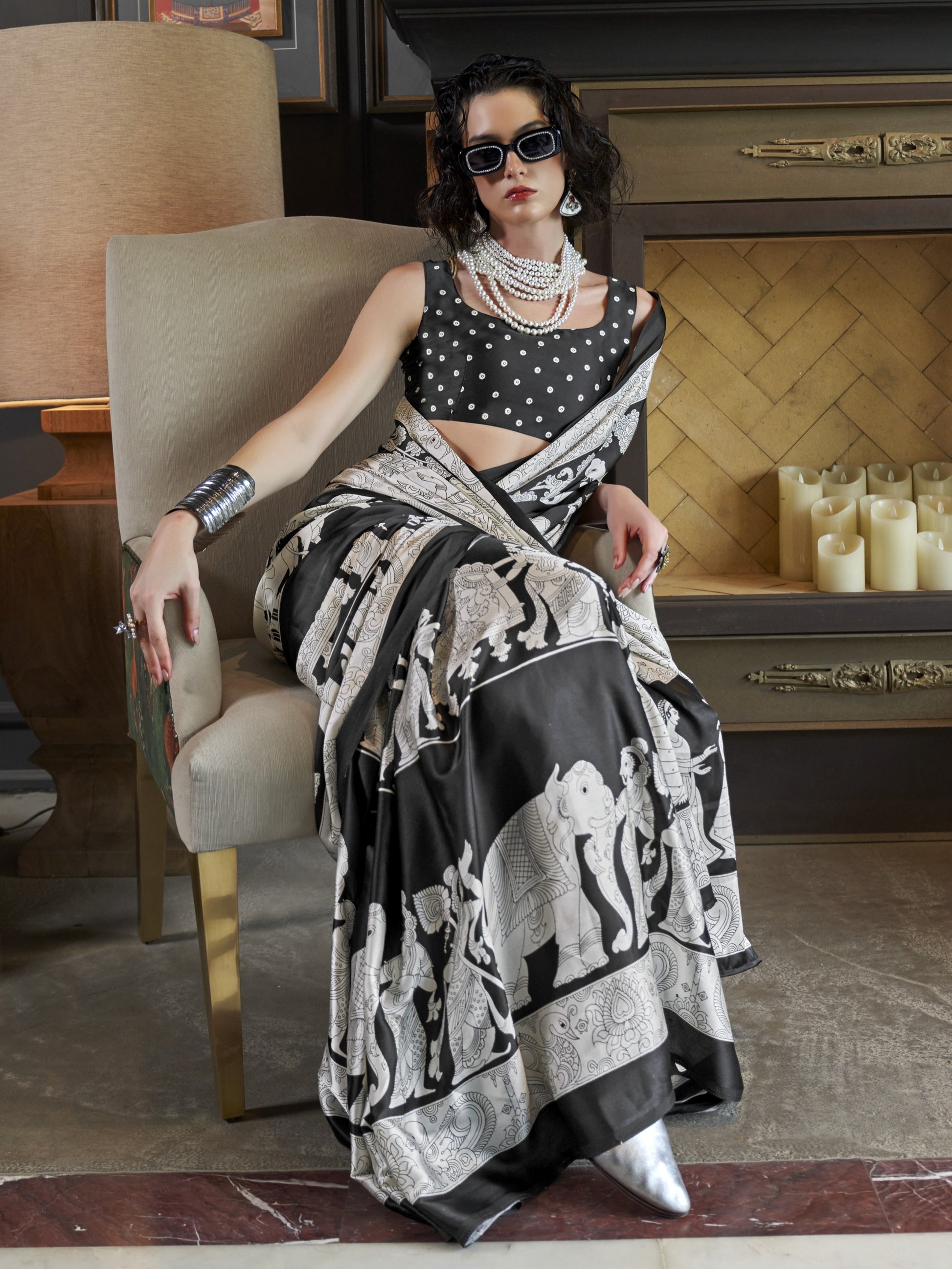 black & white satin saree