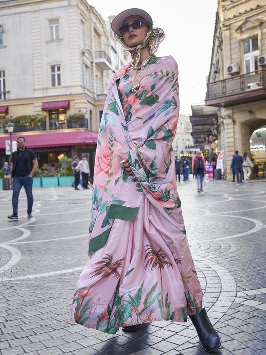 Light Pink Floral Print Crepe Saree