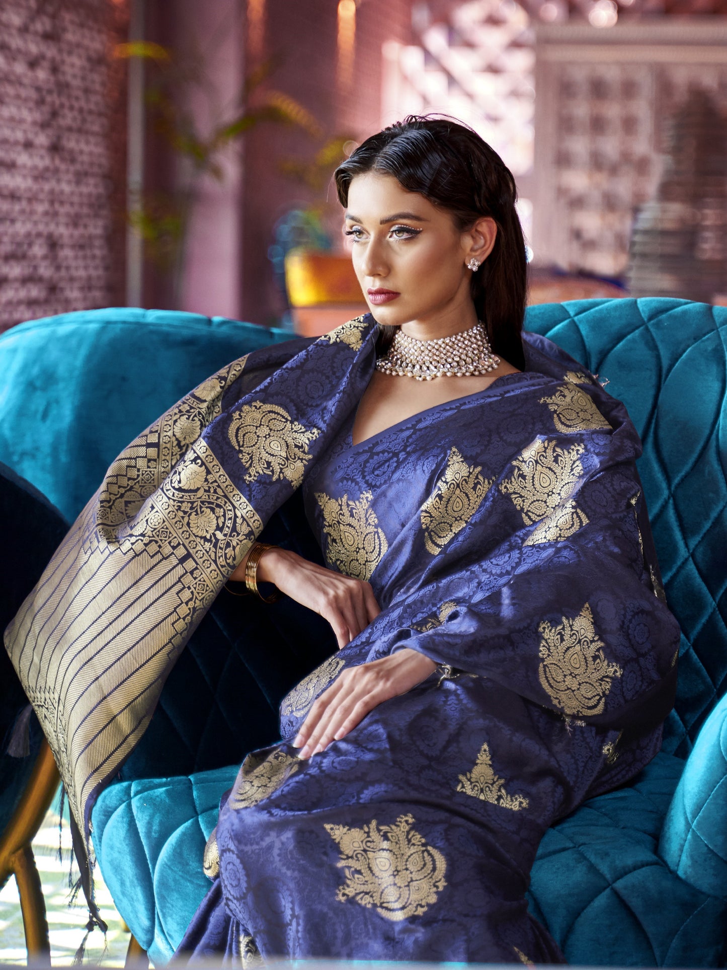 Sapphire Blue Satin Silk Banarasi Saree