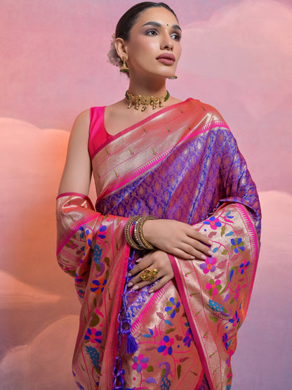 Orchid Blue Woven Paithani Silk Saree