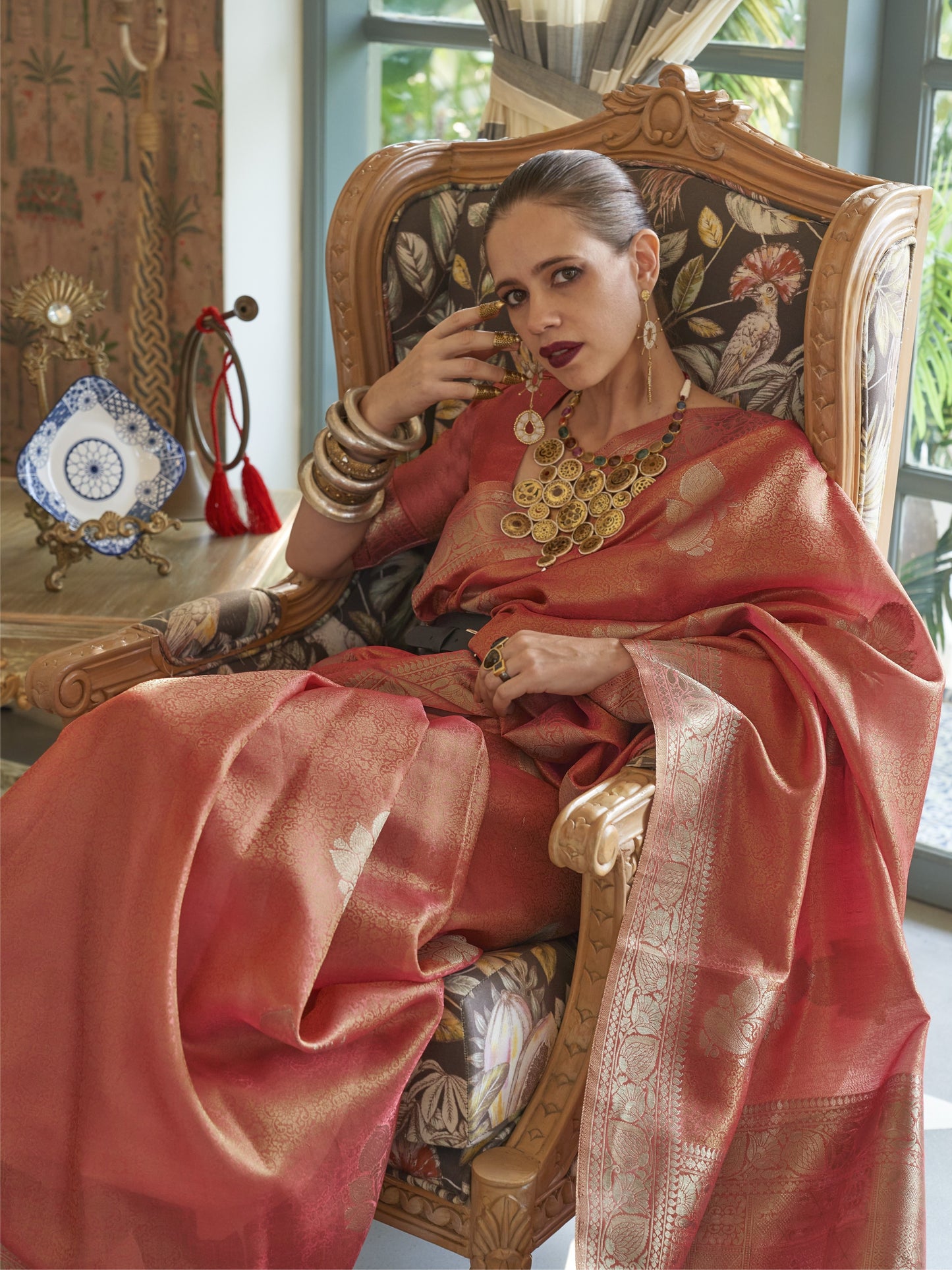 Salmon Red Satin Tissue Silk Saree