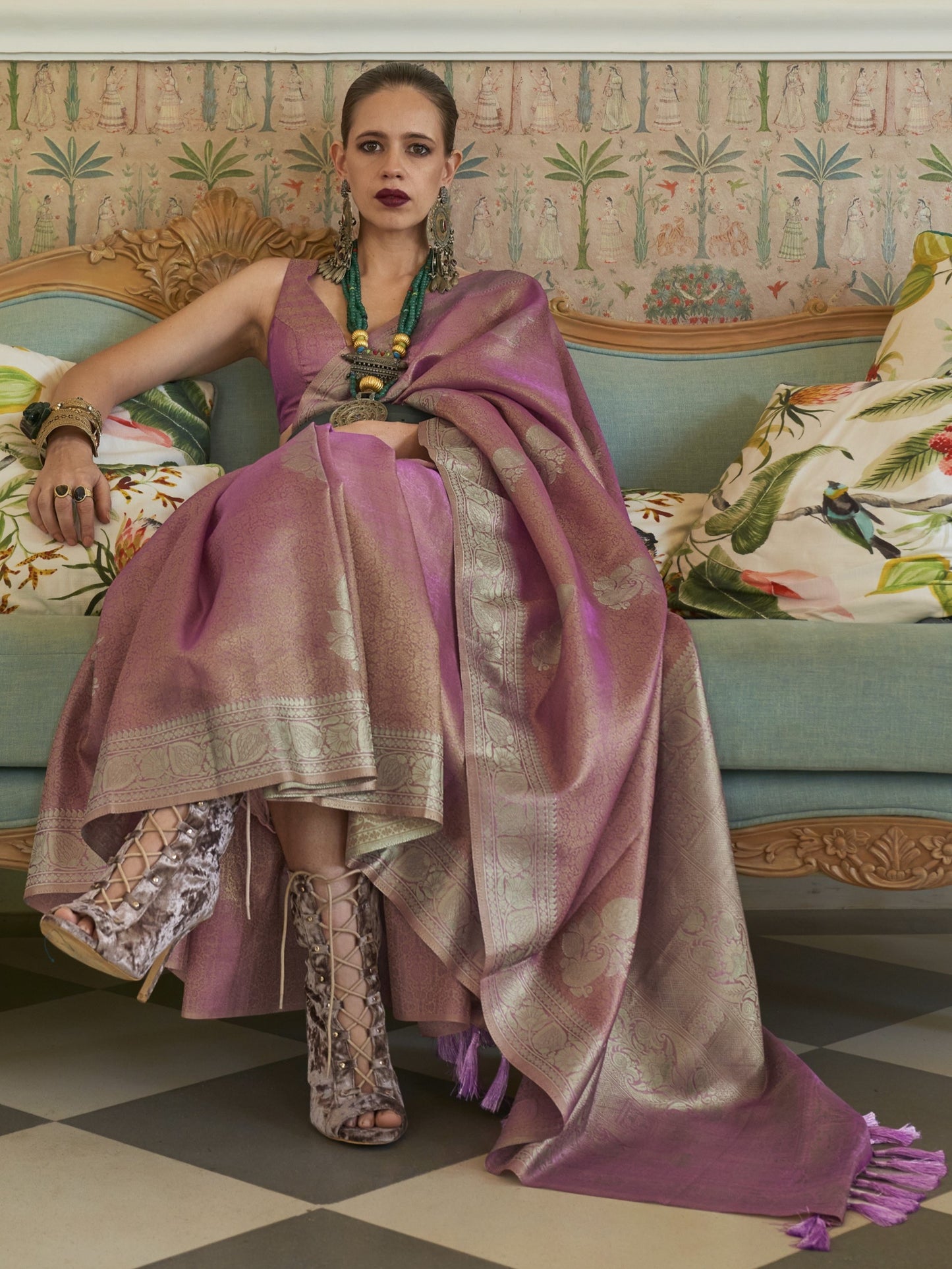 Lilac Purple Satin Tissue Silk Saree