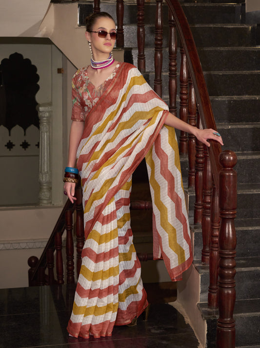 Brick Brown & White Cotton Silk Saree