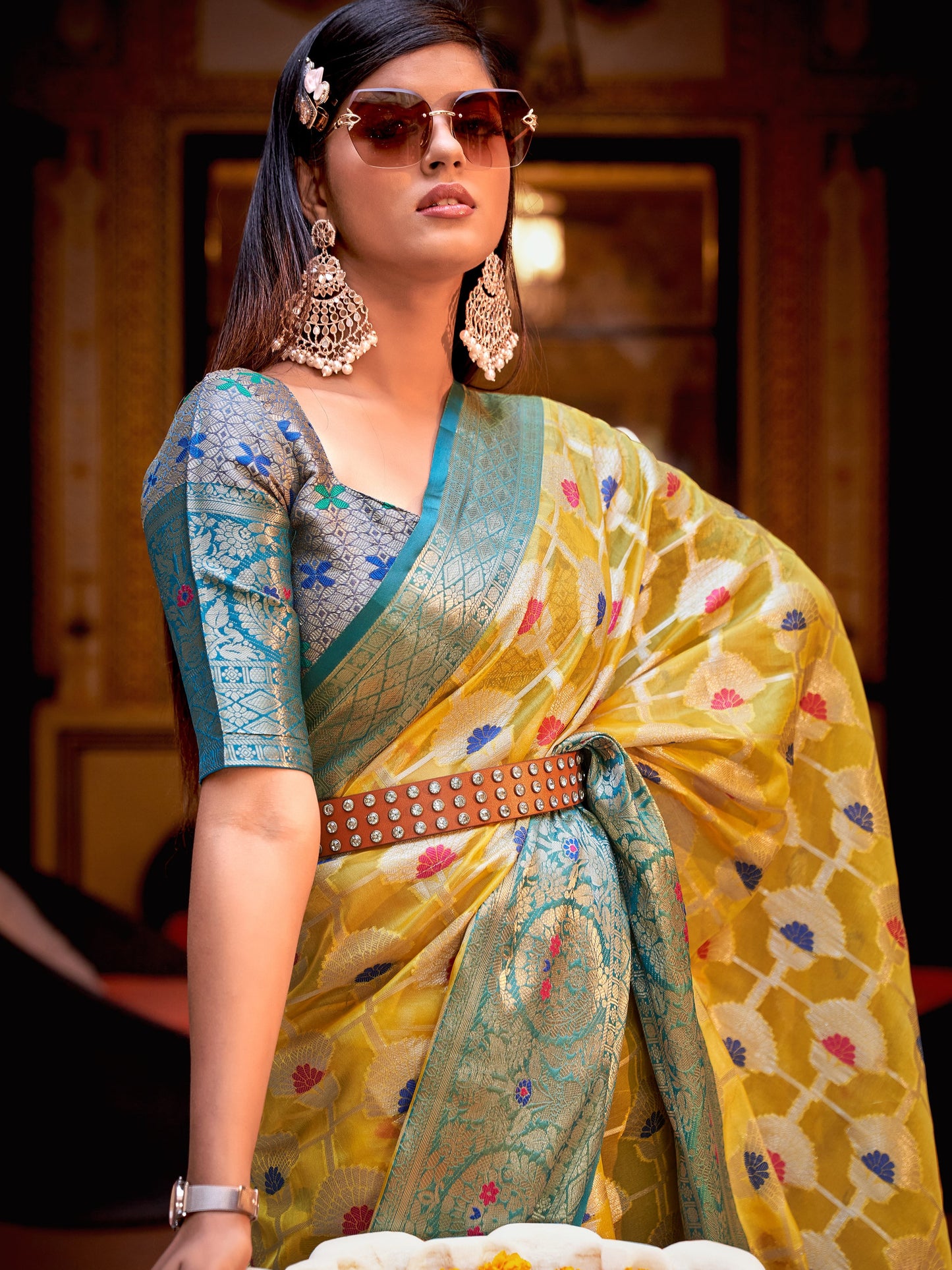 Sunglow Yellow Tissue Silk Saree