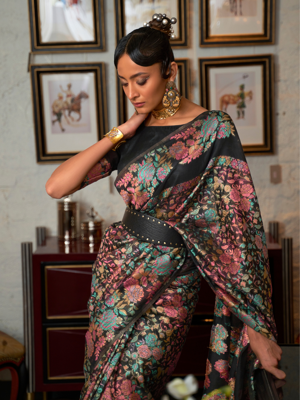Ink Black Woven Kashmiri Silk Saree