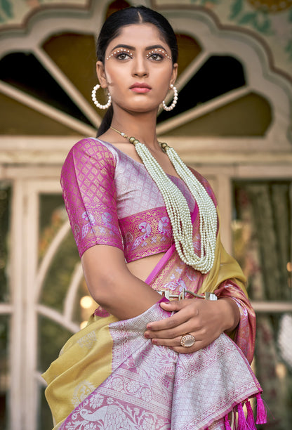 Sandcastle Yellow Tissue Silk Saree