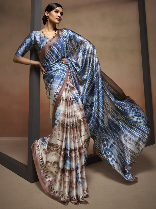 Brown & Blue Satin Silk Printed Saree