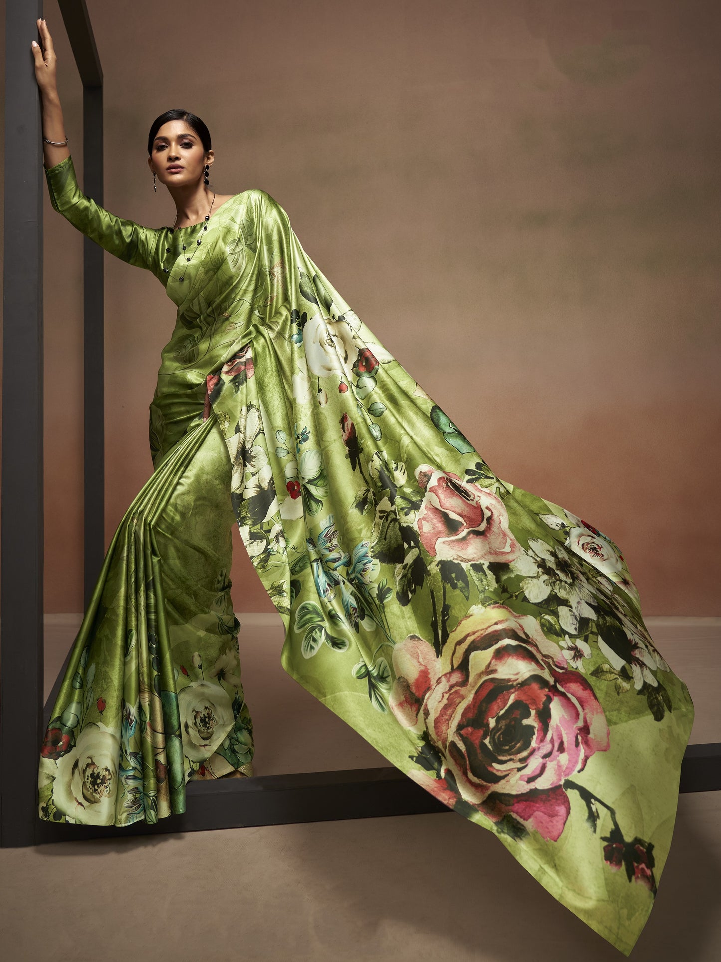 Olive Green Satin Silk Printed Saree