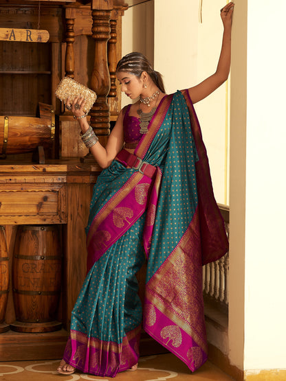 Ocean Blue Woven Banarasi Soft Silk Saree