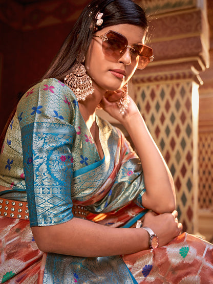 Coral Peach Tissue Silk Saree