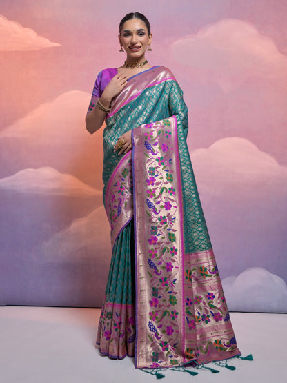 Rama Green Woven Paithani Silk Saree