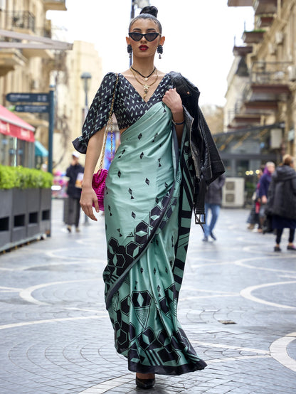 Vintage Aqua Satin Crepe Print Saree