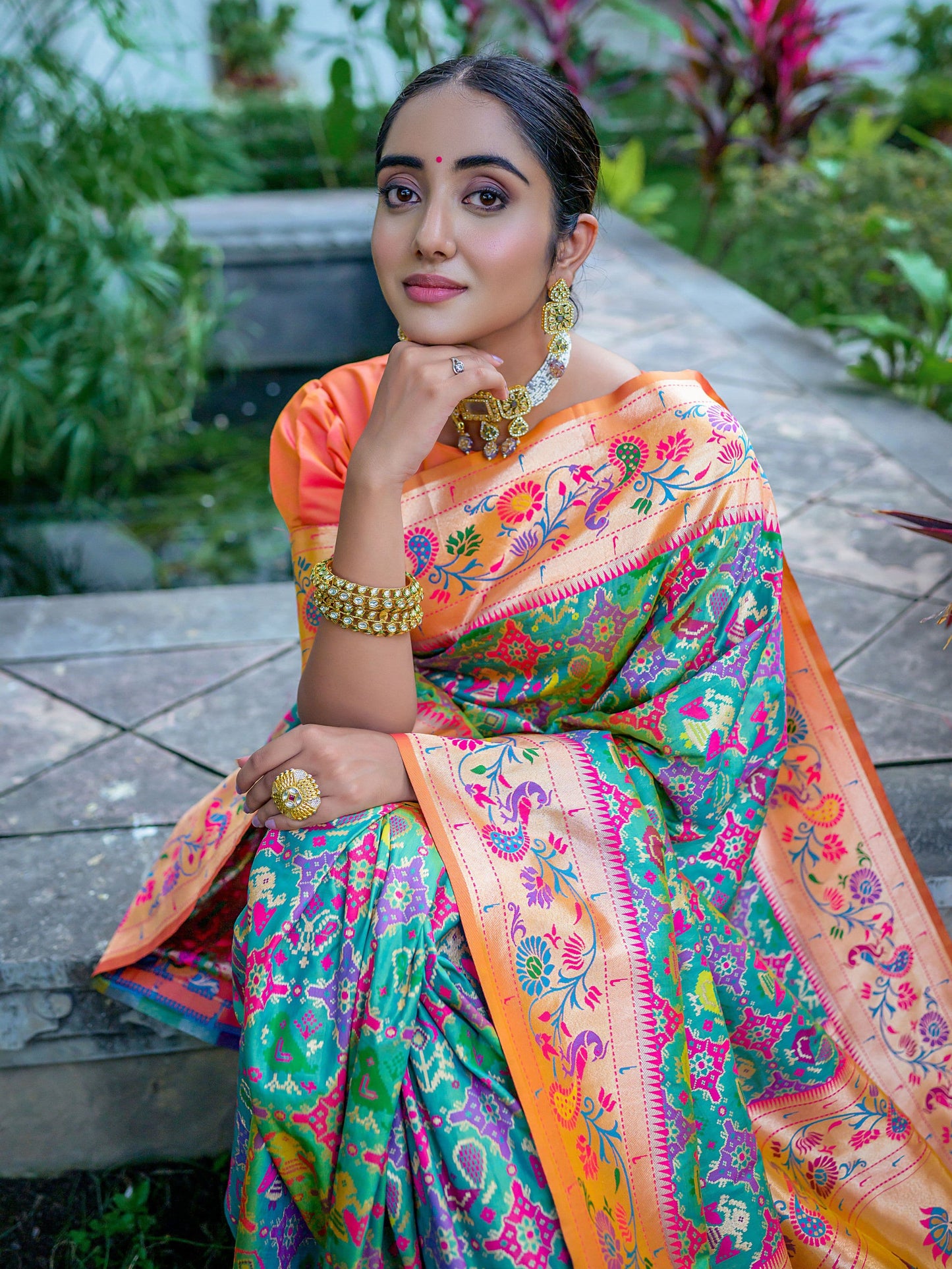 Sea Green & Orange Woven Patola Paithani Silk Saree