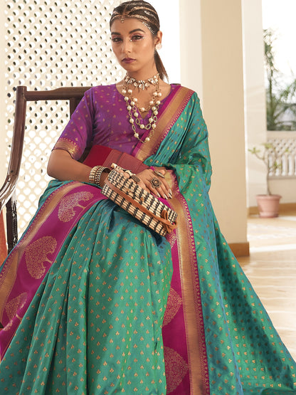 Aqua Blue Woven Banarasi Soft Silk Saree