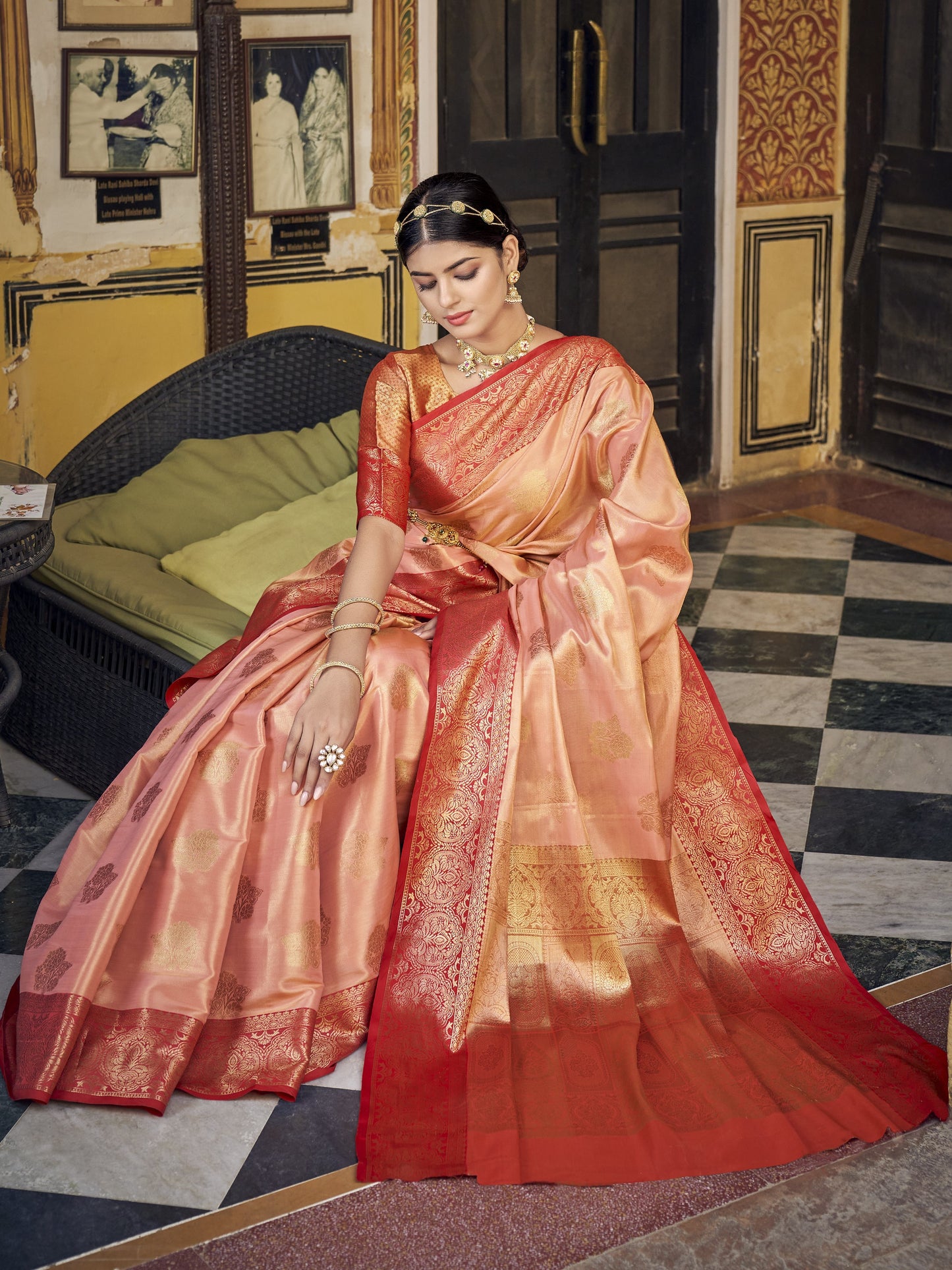 Salmon Peach Tissue Silk Saree