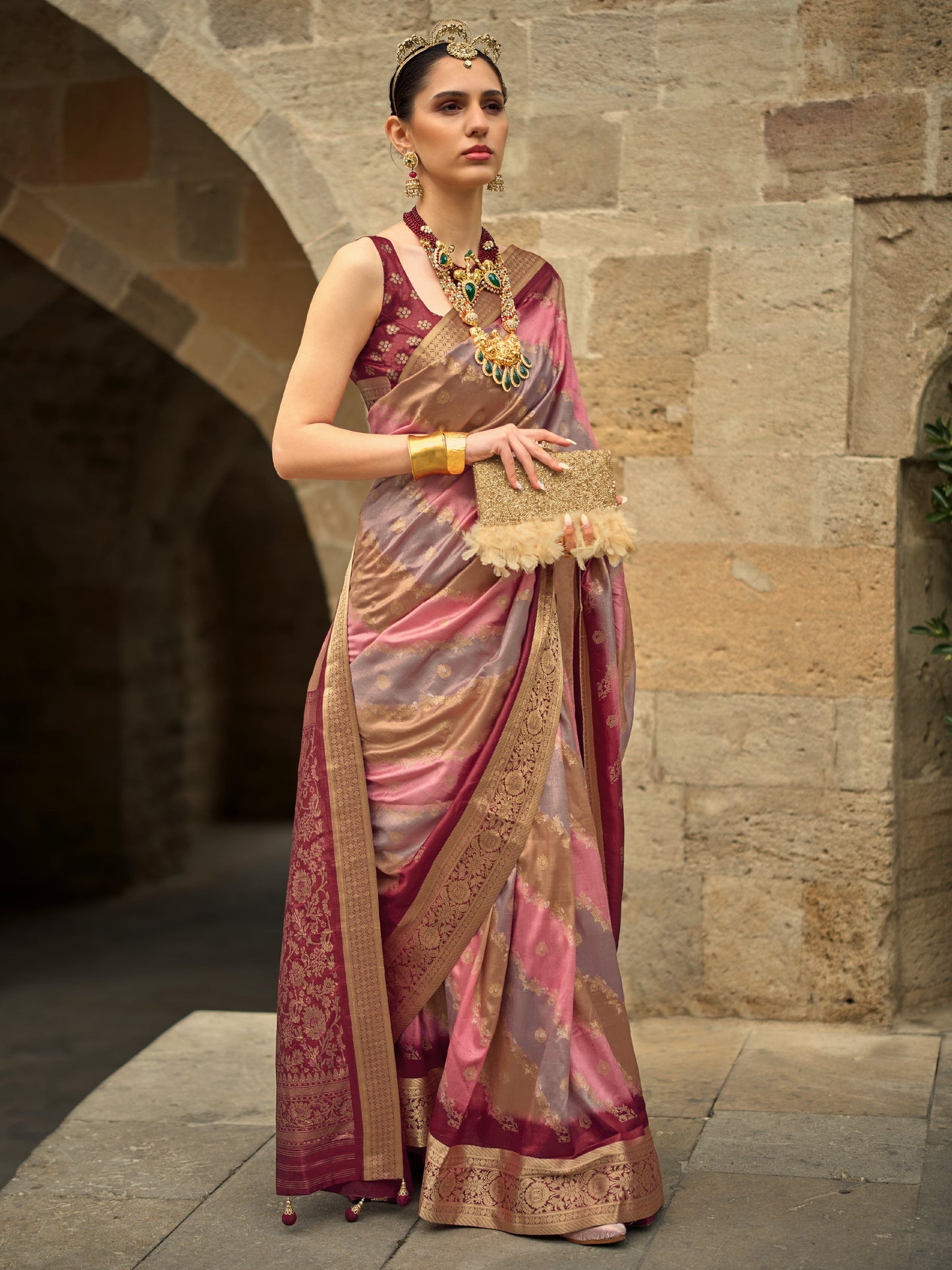 Maroon with Multicolor Banarasi Print Soft Silk Saree