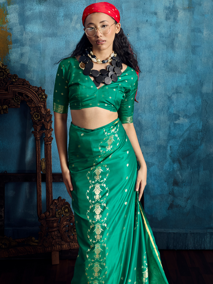 Jade Green Banarasi Satin Silk Handloom Saree