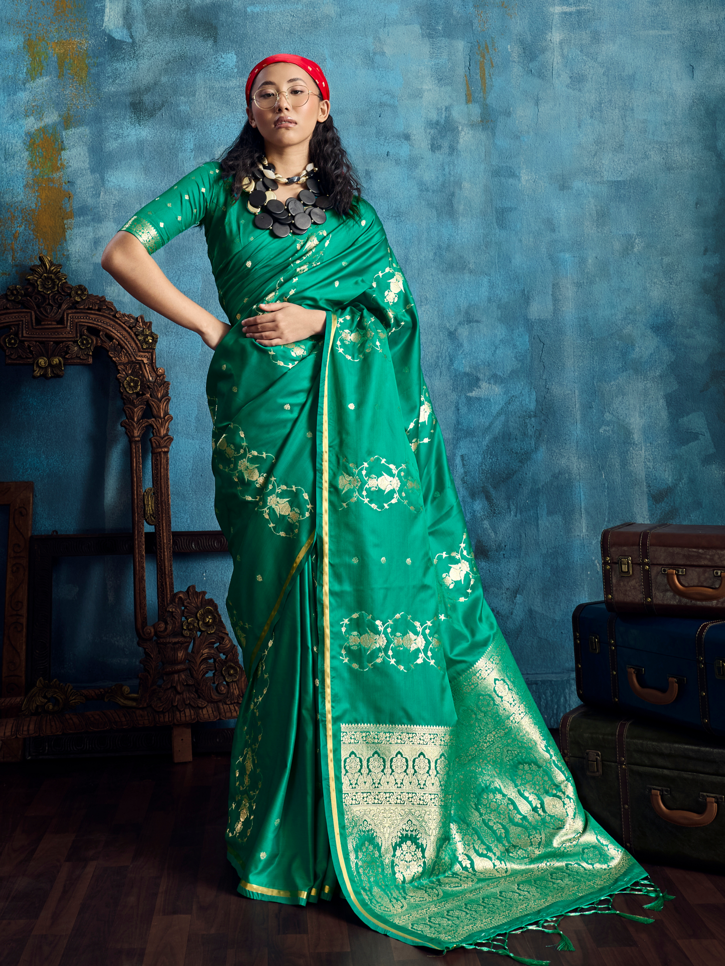 Jade Green Banarasi Satin Silk Handloom Saree