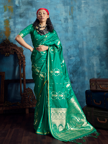 Jade Green Banarasi Satin Silk Handloom Saree