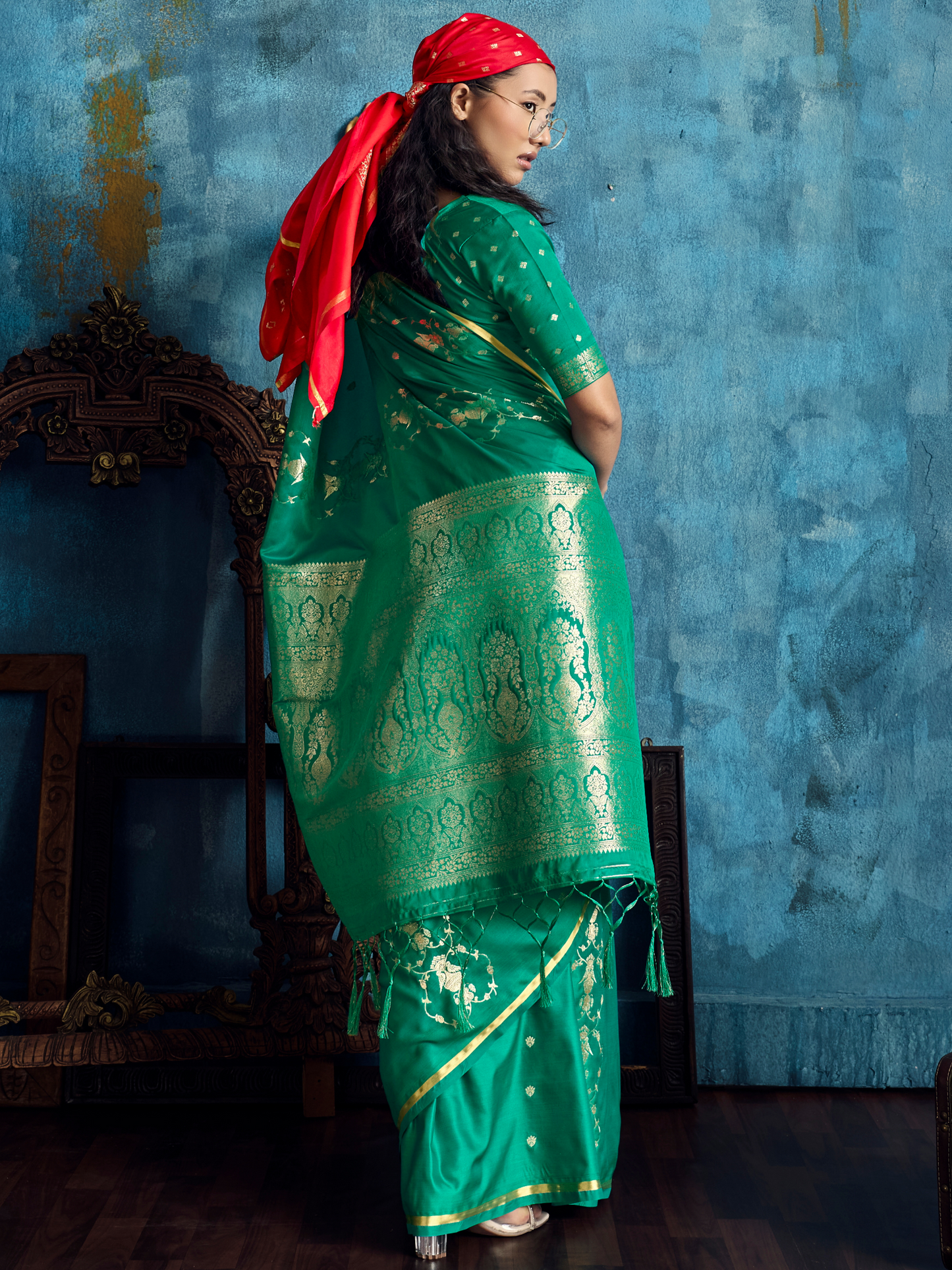 Jade Green Banarasi Satin Silk Handloom Saree