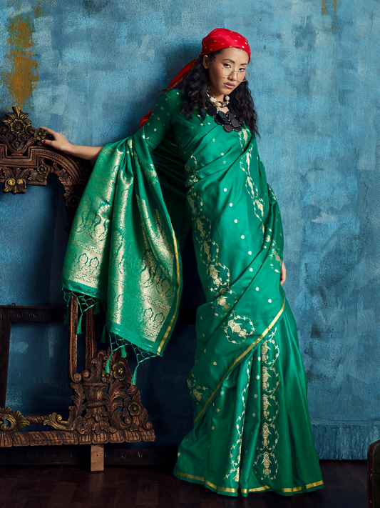 Jade Green Banarasi Satin Silk Handloom Saree
