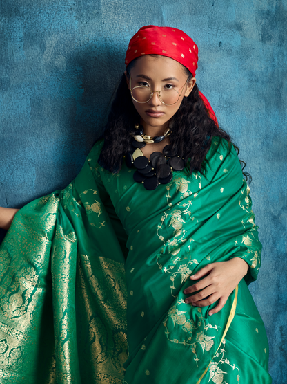 Jade Green Banarasi Satin Silk Handloom Saree