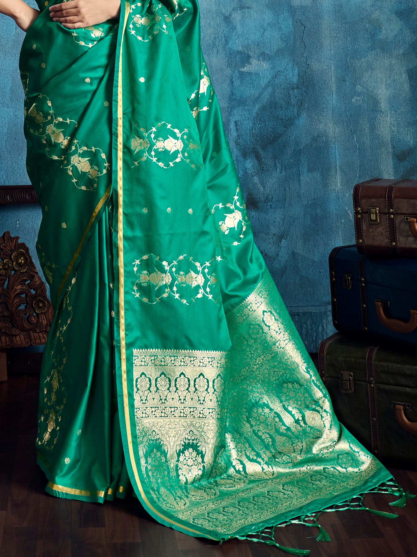 Jade Green Banarasi Satin Silk Handloom Saree