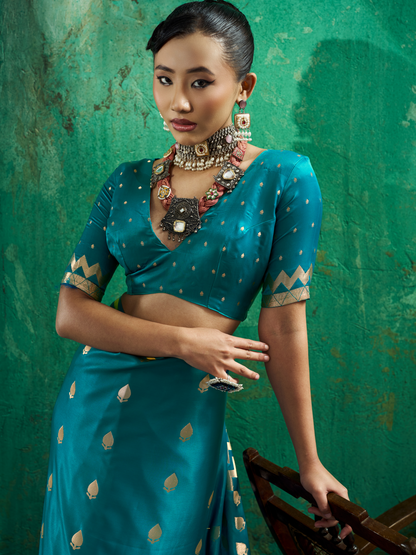 Teal Blue Woven Banarasi Satin Silk Saree